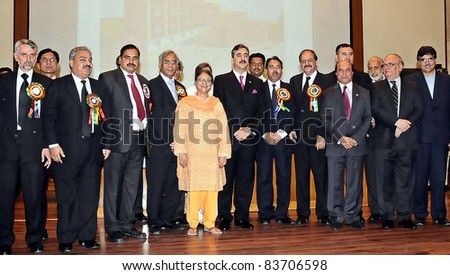 ISLAMABAD, PAKISTAN - AUG 29: A group photo of Prime Minister with office bearers of Supreme Court Bar Association on occasion of foundation stone laying ceremony on August 29, 2011 in Islamabad, Pakistan