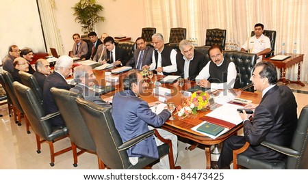 ISLAMABAD, PAKISTAN, SEPT 10: Prime Minister, Syed Yousuf Raza Gilani chairs a meeting on Trade Policy 2011-2012 PM House in Islamabad on September 10, 2011.