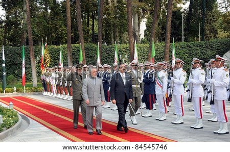 TEHRAN, IRAN - SEPT 12: Prime Minister, Syed Yousuf Raza Gilani inspects the Guard of  Honor upon his arrival at Presidential Palace in Tehran on September 12, 2011.