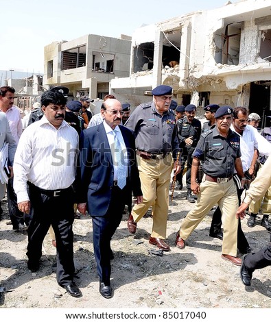 KARACHI, PAKISTAN - SEPT 19: Sindh Chief Minister, accompanied by MPA Salim Khursheed Khokar, Police IG.Wajid Ali Durrani visits the site of explosion on September 19, 2011 in Karachi, Pakistan.