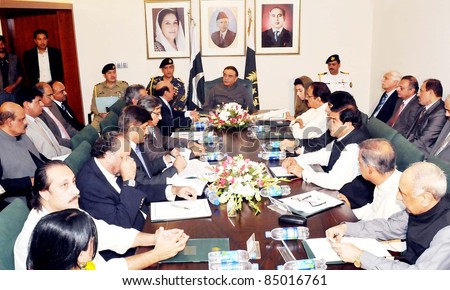 KARACHI, PAKISTAN - SEPT 19: President, Asif Ali Zardari chairing the meeting which reviewed situation on floods in Sindh and Dengue Virus in the Country on September 19, 2011 in Karachi, Pakistan.