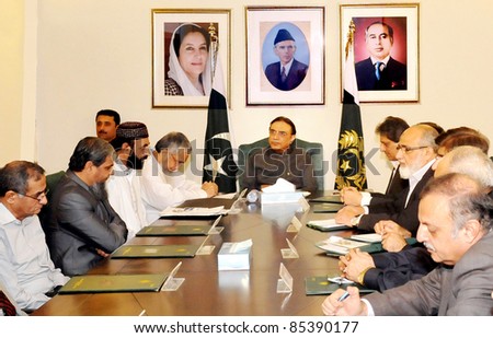 KARACHI, PAKISTAN - SEPT 24: President, Asif Ali Zardari chairs a meeting of leading stock exchange brokers and money exchange companies at Bilawal House on September 24, 2011in Karachi.