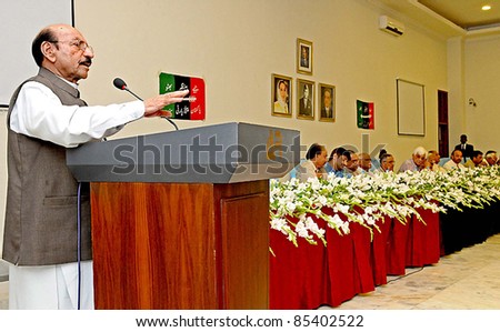 KARACHI, PAKISTAN -SEPT 25: Sindh Chief Minister and Peoples Party Provincial President, Syed Qaim Ali Shah addresses PPP Sindh Council meeting held on September 25, 2011in Karachi.