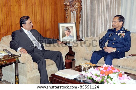 ISLAMABAD, PAKISTAN - SEPT 28: President, Asif Ali Zardari in meeting with Air Force (PAF) Chief, Air Chief Marshal Rao Qamar Suleman at Aiwan-e-Sadr on  September 28, 2011 in Islamabad.