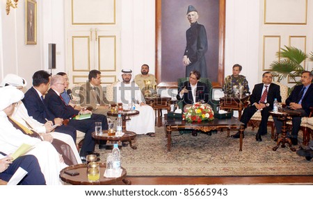 KARACHI, PAKISTAN - SEPT 29: Sindh Governor, Dr.Ishrat-ul-Ibad Khan in meeting with Foreign Diplomats to discuss flood relief measures held at Governor House on September 29, 2011in Karachi .