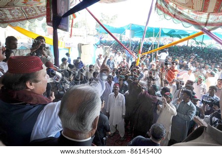 SAKKHRAN, PAKISTAN - OCT 07: Muslim League-N President, Nawaz Sharif addresses flood affectees during his visits on October 07, 2011in Sakkhran.