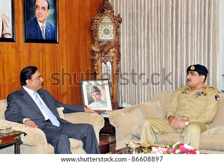 ISLAMABAD, PAKISTAN - OCT 13: President, Asif Ali Zardari in meeting with Gen.Khalid Shamim Wynne Chairman of Joint Chiefs of Staff Committee (CJCSC), at Aiwan-e-Sadr on October 13, 2011 in Islamabad, Pakistan.