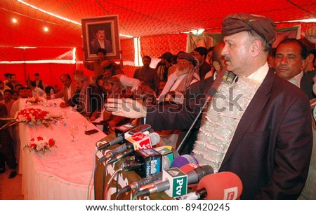 QUETTA, PAKISTAN, NOV 23: Muslim League-Q leader, Mushahid Hussain Syed addresses to workers convention held in Quetta on Wednesday, November 23, 2011.