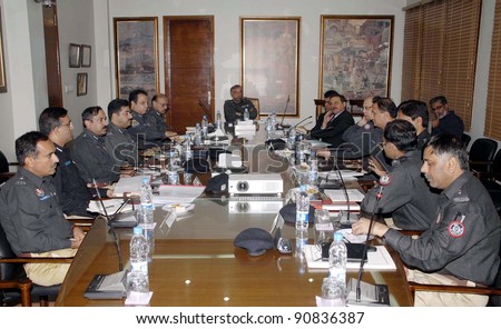 KARACHI, PAKISTAN - DEC 14: Sindh Police IG. Mushtaq Ahmed Shah presides over meeting to review law and order situation in Liyari area, held at central police office (CPO) on December 14, 2011 in Karachi, Pakistan.