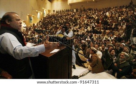 PESHAWAR, PAKISTAN, DEC 28: Muslim League-N President, Nawaz Sharif addresses to PML-N provincial committee meeting held at Nishtar Hall in Peshawar on Wednesday, December 28, 2011.