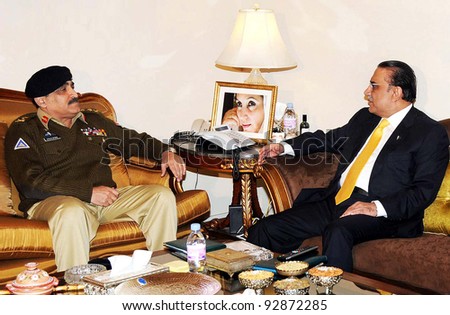 ISLAMABAD, PAKISTAN - JAN 16: President, Asif Ali Zardari talks with Gen.Khalid Shamim Wynne Chairman of the Joint Chiefs of Staff Committee (CJCSC), during meeting on January 16, 2012 in Islamabad.