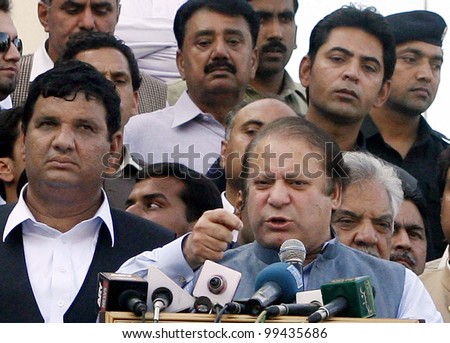 PESHAWAR, PAKISTAN - APR 06: Muslim League-N President, Nawaz Sharif addresses to Muslim League-N workers on the occasion of joining of former Muslim League-Q leader. on April 06, 2012 in Peshawar.