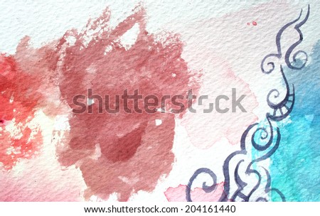 abstract watercolor splash design background with doodle border design element and bright blue color splash in corner on white background