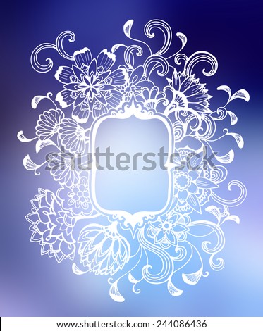 white flower frame design on blurred blue and purple background, elegant vintage style fancy floral doodle pattern of curls and hand drawn line design elements with copyspace, blank flower text box