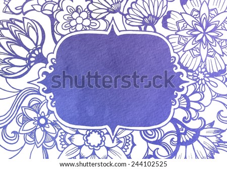 white hand drawn flower illustrations on watercolor purple blue background paper, detailed fancy wild flower doodles in elegant frame, blank center text box layout, cute fresh spring or Easter design
