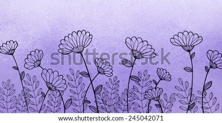 cute hand drawn flower design, elegant fancy floral doodle pattern in flat inked line design elements on textured vintage purple background paper or parchment, flower art border craft