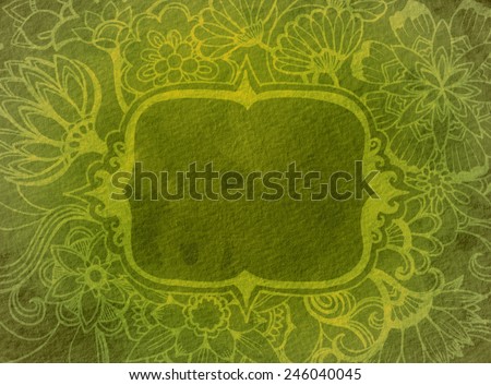yellow hand drawn flower illustrations on watercolor green background paper, detailed fancy wild flower doodles in elegant frame, blank center text box layout, cute fresh spring or summer design