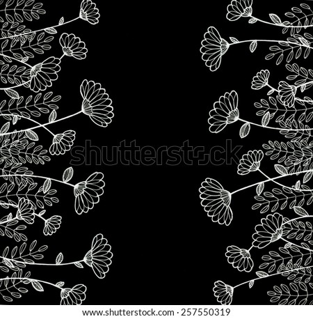 cute hand drawn flower design, elegant fancy floral doodle pattern in flat inked line design elements on chalkboard background illustration, cute flower art border, fun blog web idea with copyspace