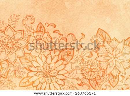 hand drawn flower design, elegant fancy floral doodle pattern with fancy curls and line design elements on orange background paper or parchment, flower art border craft idea