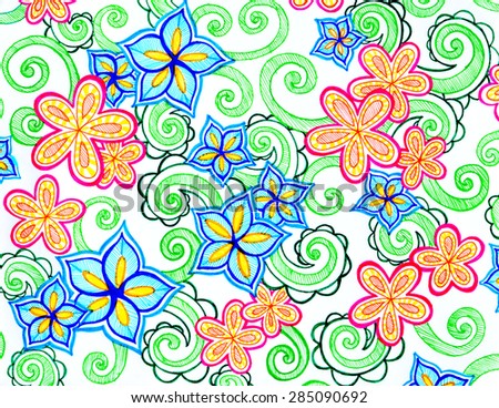hand drawn flower pattern in bright blue green and pink marker art, swirls and curl line design elements and fine detailed hatchwork, star shaped flowers and scalloped leaf designs