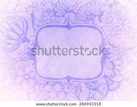 hand drawn flower illustrations on watercolor purple background paper, detailed fancy wild flower doodles in elegant frame, blank center text box layout, cute fresh spring or Easter design