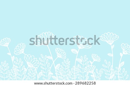 cute hand drawn flower design, elegant fancy floral doodle pattern in flat inked white line design elements on paste blue background illustration, cute flower art border, fun web idea with copyspace