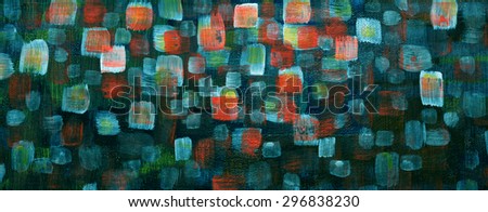 blue abstract art background, modern shiny squares with brush strokes of paint on canvas background, elegant fresh contemporary art, sparkling square white and orange bokeh lights design