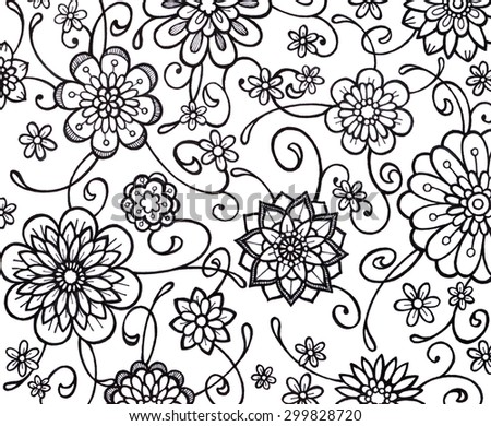 black and white flower marker art with fancy curls curves and swirls. floral wallpaper pattern with abstract hand drawn flowers in random doodle.