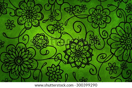 black and green flower marker art with fancy curls curves and swirls. floral wallpaper pattern with abstract hand drawn flowers in random doodle.