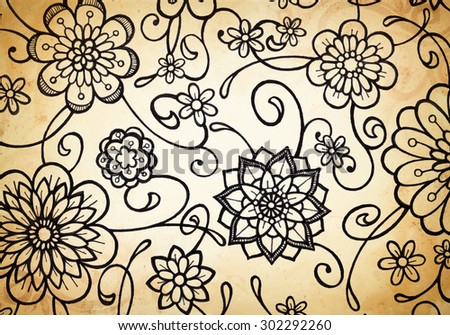 vintage paper with abstract floral design, hand drawn flowers in cute fun lacy pattern on yellow gold background