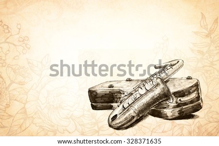 hand drawn saxophone illustration, musical instrument with case, blues jazz music, classical and band concerts image on faded vintage brown flower doodle background, old instrument with copyspace