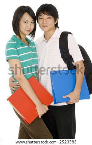 Two asian college students with bag and files on white background