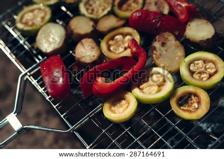 grill food for the picnic on grass outdoor. grilled vegetables