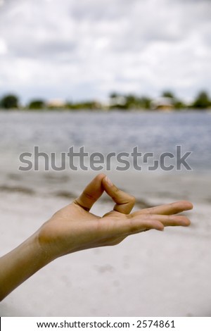 A young hispanic womans hand in a yoga pose, a moodra.