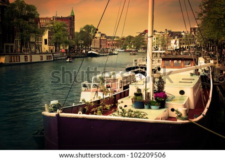 Amsterdam, Holland, Netherlands. Romantic canal, boats. Old town
