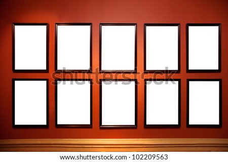 Art gallery, museum. Picture frames with blank empty white inside.