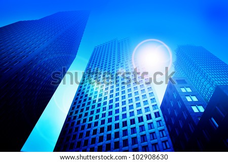 Business skyscraper buildings in blue tone. Office work, big city, finance concepts