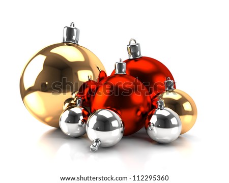 Christmas balls on white. Gold, red and silver balls on pure white background