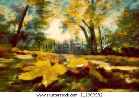 Autumn park vintage painting. Leaves, colors of fall, retro mood.
