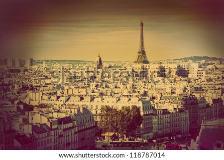 Paris panorama, France. View on Eiffel Tower from Notre Dame Cathedral. Retro, vintage