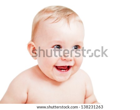 Cute happy baby laughing. Portrait of the boy on white background