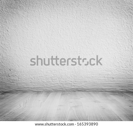 White Minimalist Plaster, Concrete Wall Background And White Wooden Floor. High Resolution, Good For Templates, Backgrounds, Textures.