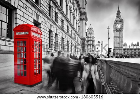 Red telephone booth and Big Ben in London England the UK People walking in rush The symbols of London in black on white Red telephone booth and Big Ben in London England the UK People walking in rush The symbols of London in black on white