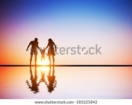 Happy family together, parents and their child at sunset, water reflection.