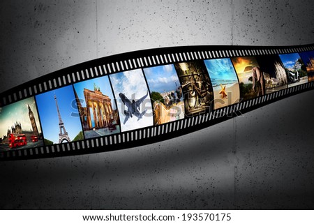 Film strip with colorful, vibrant photographs on grunge wall. Travel theme. All pictures used are mine