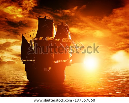 Ancient pirate ship sailing on the ocean at sunset. In full sail.
