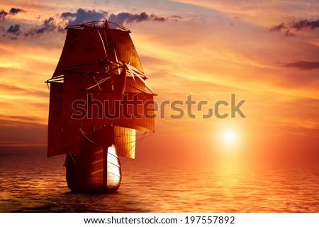 Ancient pirate ship sailing on the ocean at sunset. In full sail.