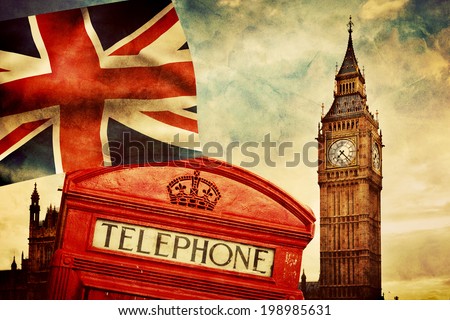 Symbols of London, England, the UK. Red telephone booth, Big Ben and the national flag Union Jack. Vintage retro style