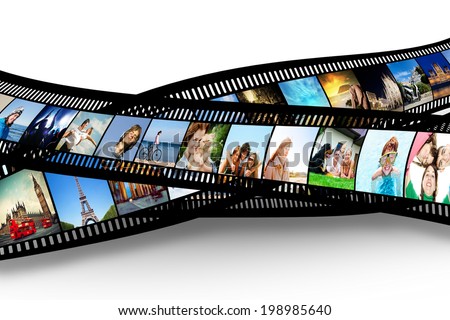 Film strip with colorful, vibrant photographs on white background. Various themes. All pictures used are mine