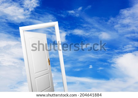 Open door on blue sunny sky with fluffy clouds. Concepts like new life, success, future perspective, hope, religion.